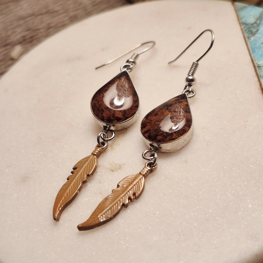 Elegant Brown and Gold Feather Drop Earrings